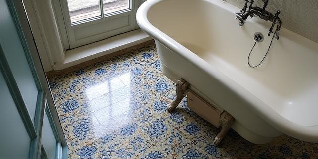 Restored original mosaic flooring and a re-glazed antique bath as part of a boutique hotel bathroom renovation.